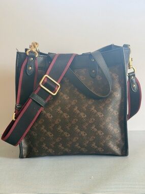 Coach Brown Monogram Tote with Black Trim and Burgundy Strap